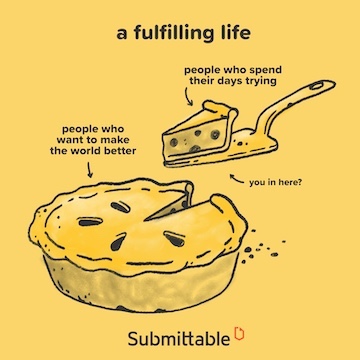 Cartoon of a pie labeled "people who want to make the world better" with a slice being lifted labeled "people who spend their days trying." The caption reads "a fulfilling life" with a note saying "you in here?" The image is branded with "Submittable" at the bottom.